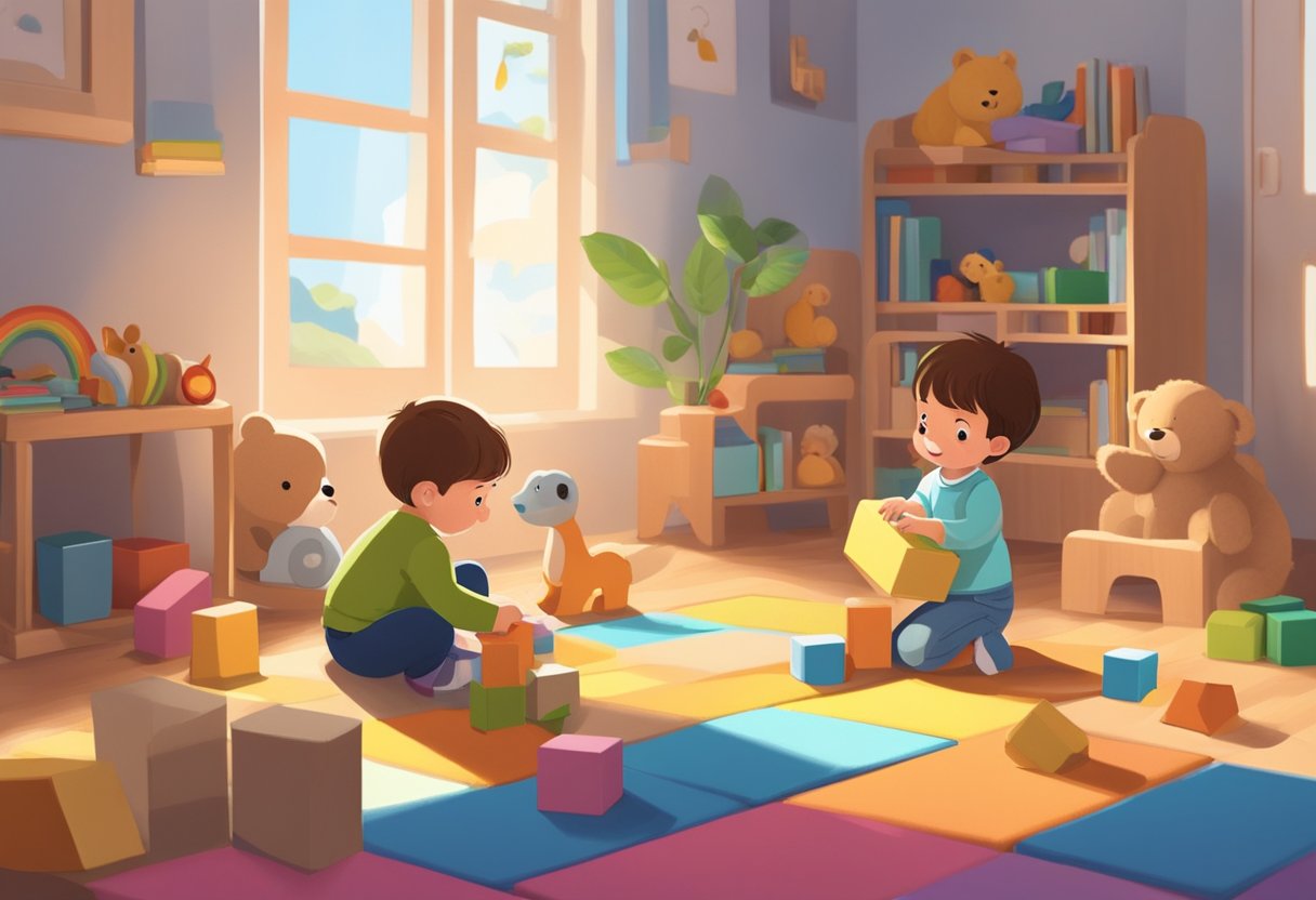 A toddler playing with wooden blocks and stuffed animals in a cozy, sunlit room. A colorful sensory board and a pile of books are nearby