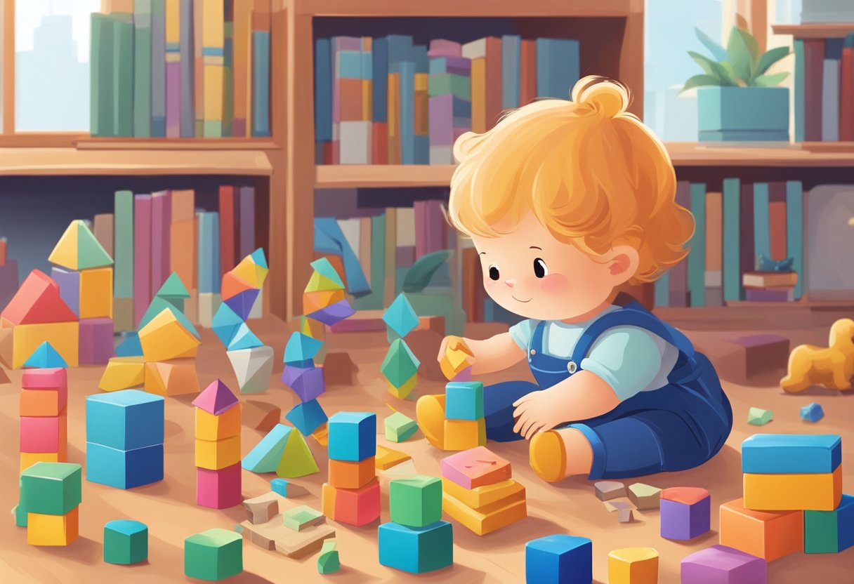 A toddler playing with colorful building blocks, a plush animal, and a wooden puzzle, surrounded by books and a mini musical instrument