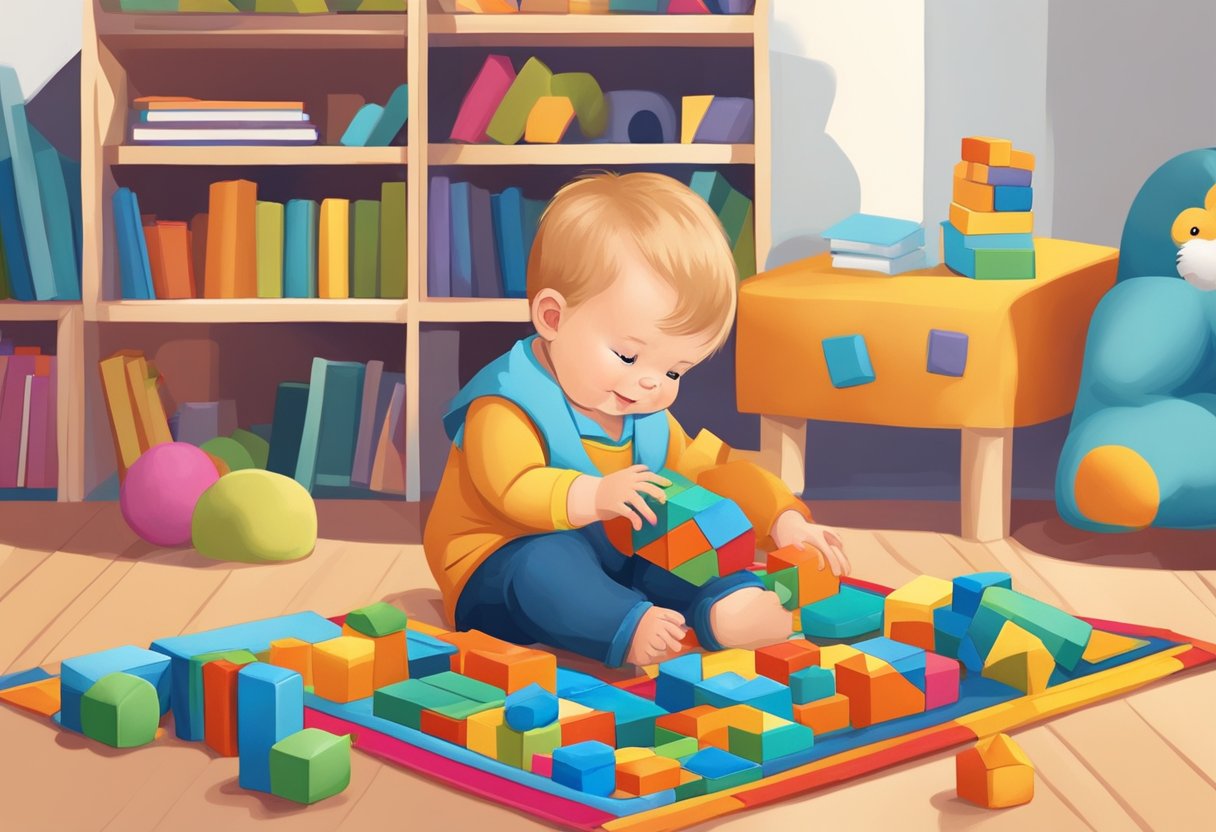 A toddler playing with building blocks and a stuffed animal on a colorful rug surrounded by books and puzzles