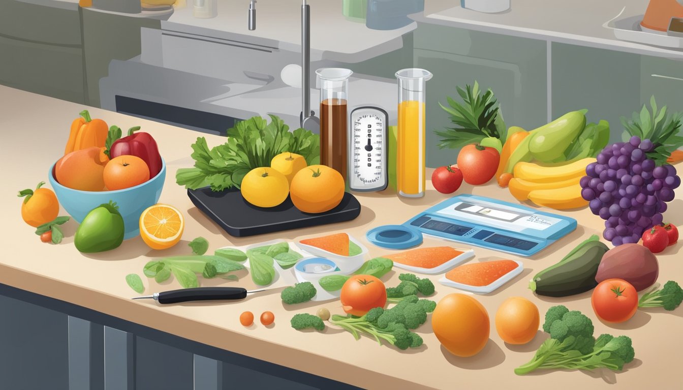 A kitchen counter with a variety of fresh fruits, vegetables, and lean proteins. A scale and measuring cups sit nearby, along with a syringe for injections