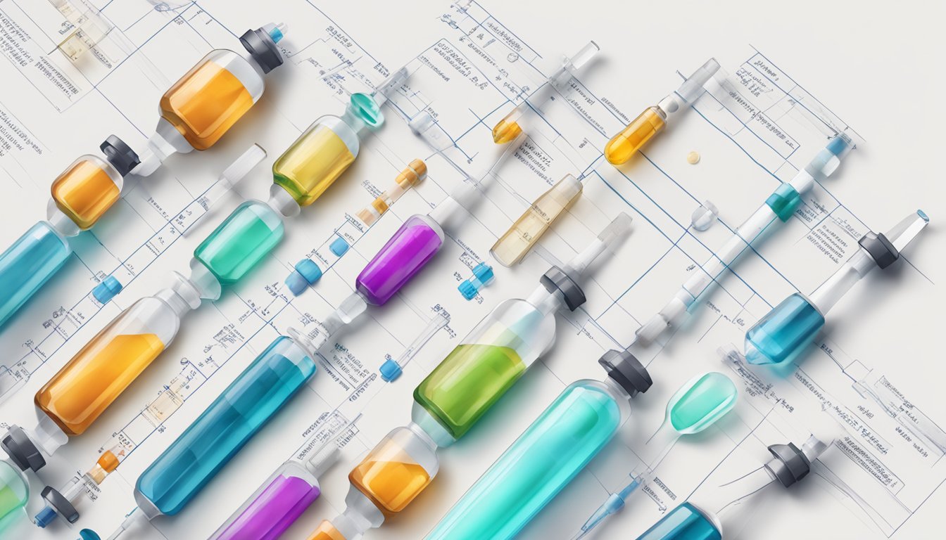 A table with various vials and syringes, alongside a timeline chart showing the evolution of injectable weight loss medications