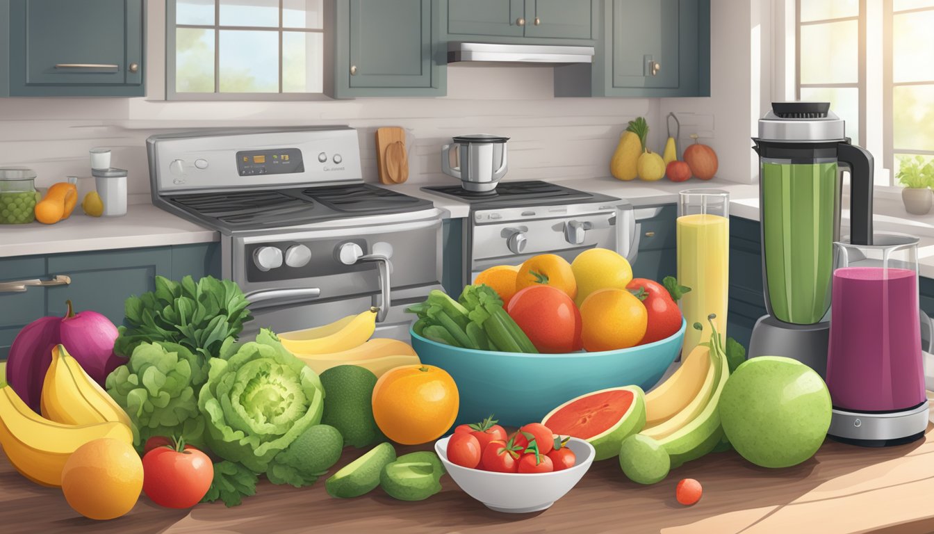 A kitchen counter with fresh fruits, vegetables, and a blender for smoothies. A yoga mat and running shoes nearby