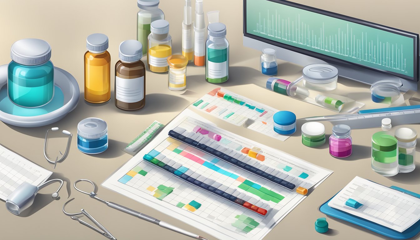 A doctor's desk with a timeline chart of weight loss medications, vials, and syringes arranged neatly on the surface