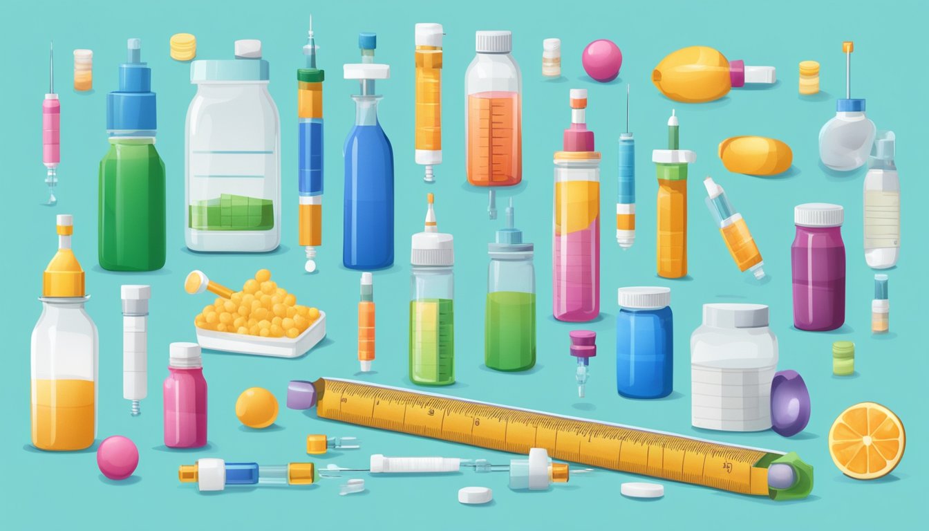 A timeline of weight loss strategies, with syringes and medication bottles rising up, surrounded by traditional diet and exercise methods