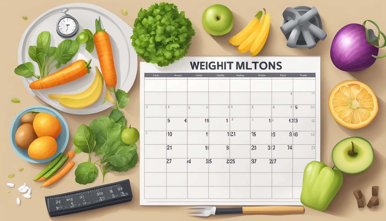 A table with healthy food, exercise equipment, and a calendar with weight loss milestones