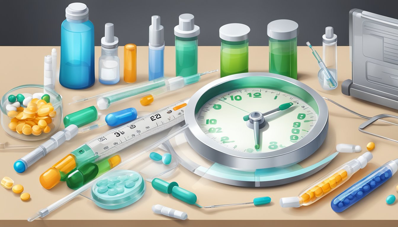 A timeline of weight loss medication development, with syringes, pills, and medical equipment arranged on a table