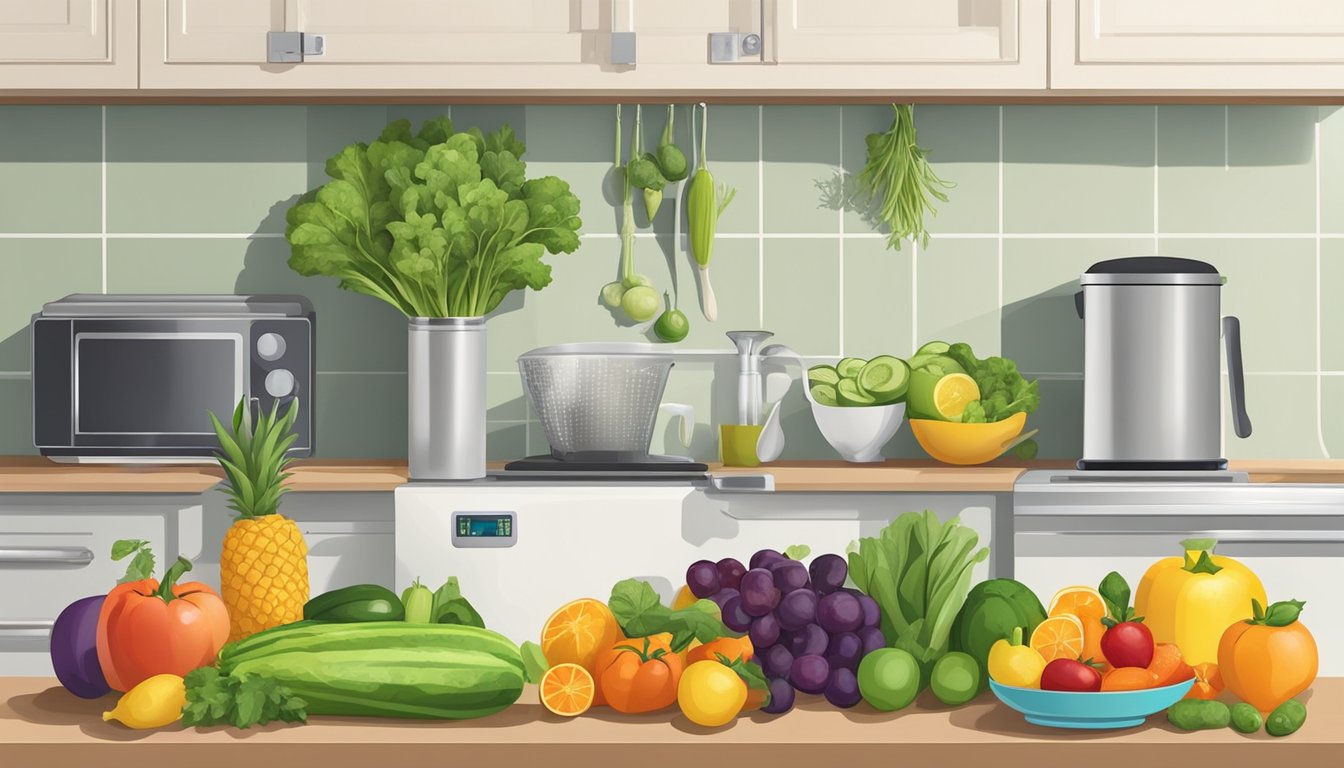 A colorful array of fresh fruits and vegetables arranged on a kitchen counter, alongside a set of measuring cups and a scale