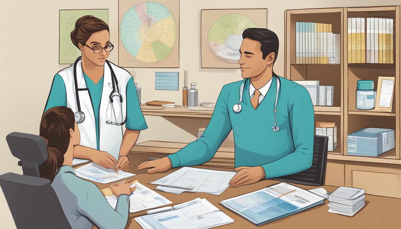 A doctor's office with a medical professional discussing side effects with a patient. A table displays various types of weight loss injections and a chart outlining potential side effects