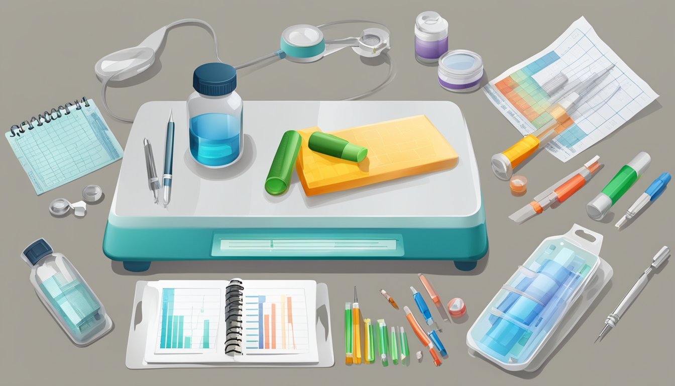 A table with various medical supplies and a chart showing potential risks and complications of weight loss injections