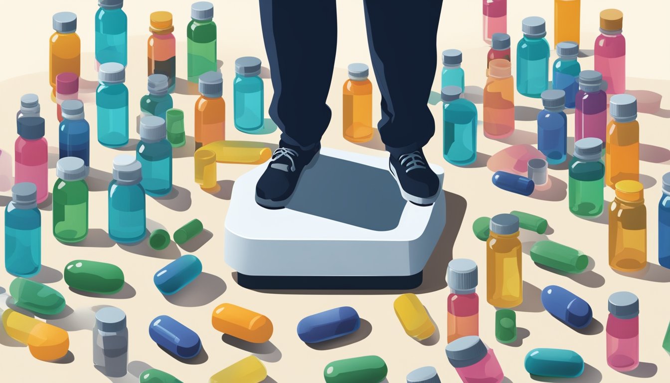 A person's silhouette shrinking as they step on a scale, surrounded by empty pill bottles and a syringe