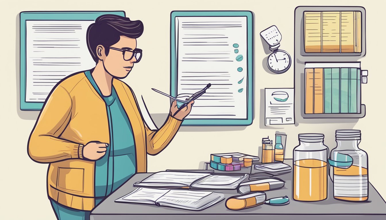 A person tracking their weight loss injection progress and managing side effects through a journal and medication