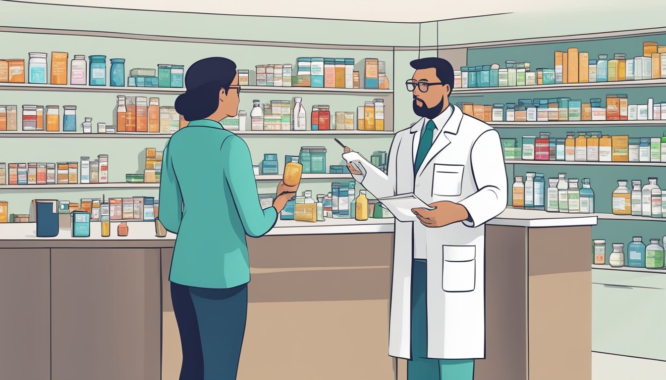 A pharmacist counseling a patient on weight loss injection side effects, with a focus on insurance coverage and cost considerations