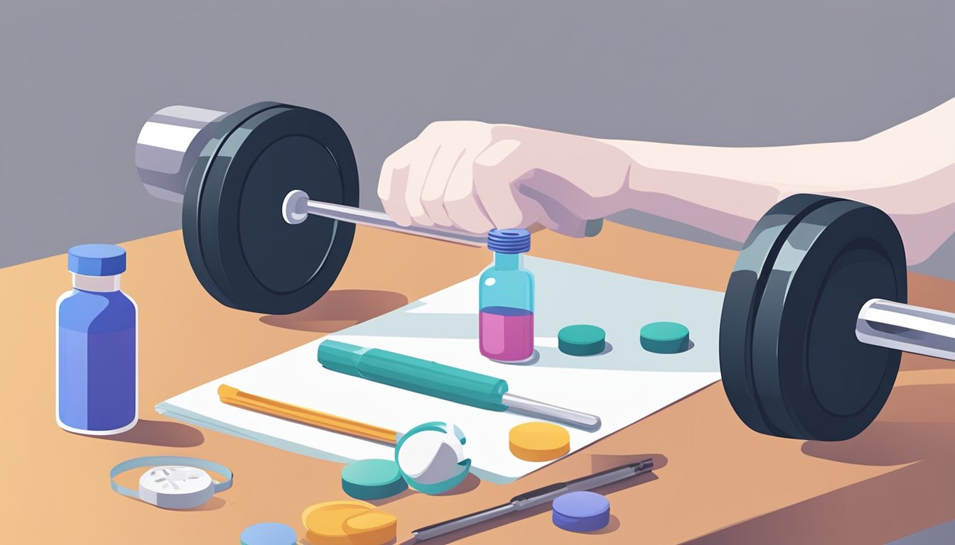 A person lifting weights in a gym, with a syringe and vial of weight loss medication on a nearby table