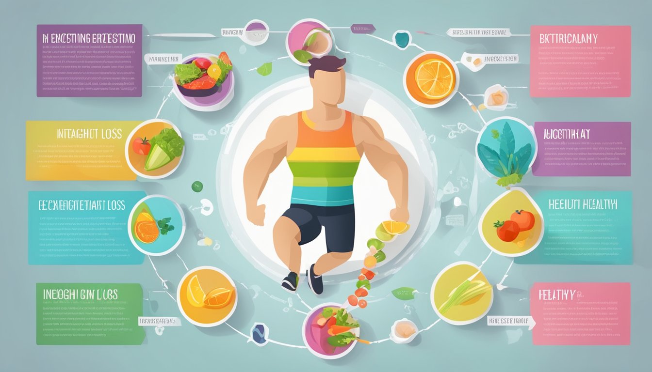 A colorful infographic showing a person exercising and eating healthy foods, with arrows pointing to the benefits of weight loss injections