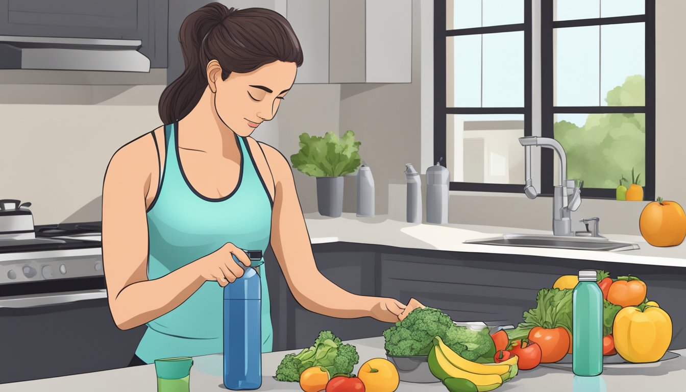 A person preparing a healthy meal and filling up a water bottle before heading out for a workout