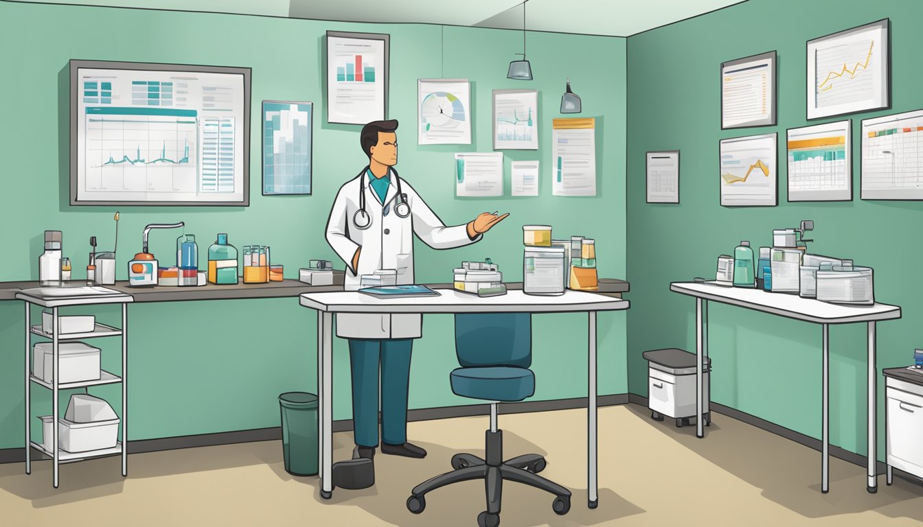 A doctor's office with two separate tables, one with diabetes injection supplies and the other with weight loss injection supplies. Charts and graphs on the wall show patient outcomes