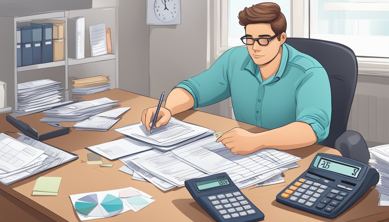 A person sitting at a desk, surrounded by paperwork and a calculator. They are carefully budgeting and considering the cost of weight loss injections