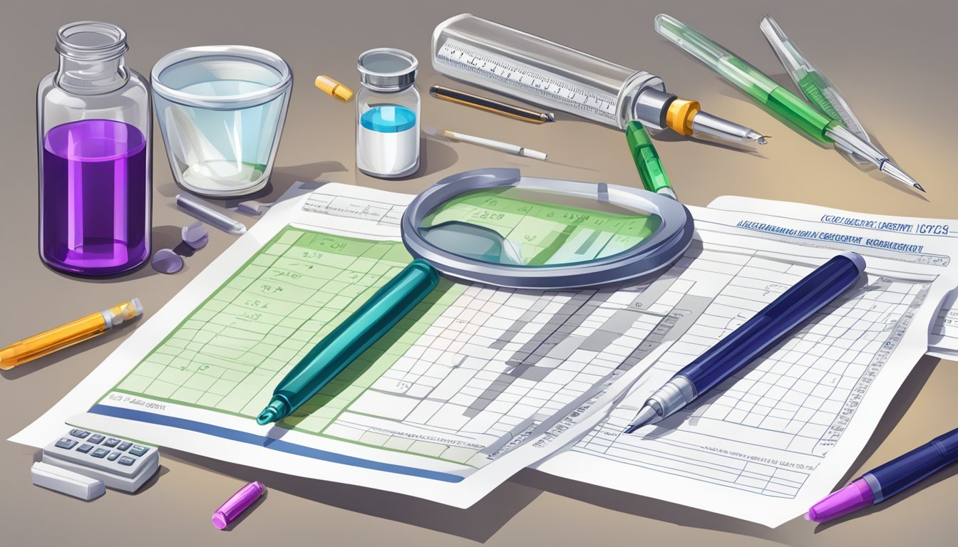 A table with a calculator, pen, and paper. A list of treatment options and cost considerations written down. Syringes and vials of weight loss injections nearby