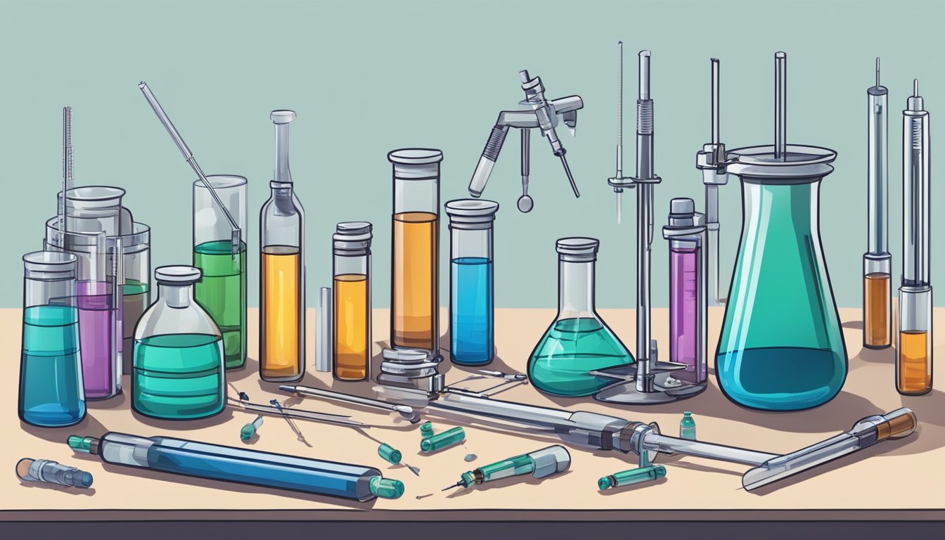 A laboratory setting with vials, syringes, and scientific equipment. An empty syringe lies on the table, implying the cessation of injections