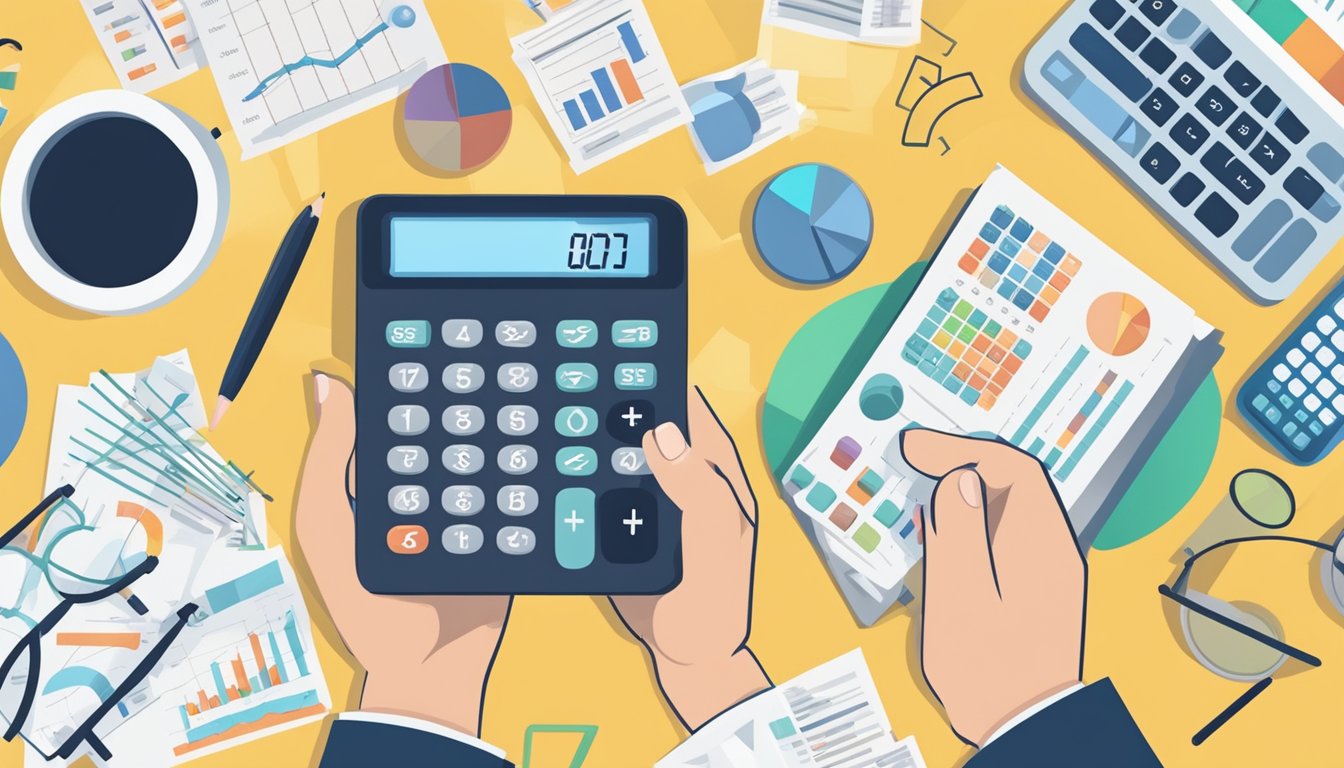 A person's hand holding a calculator, surrounded by charts, graphs, and dollar signs