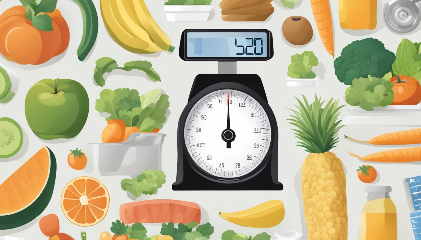 A scale surrounded by healthy food, exercise equipment, and a calendar showing progress