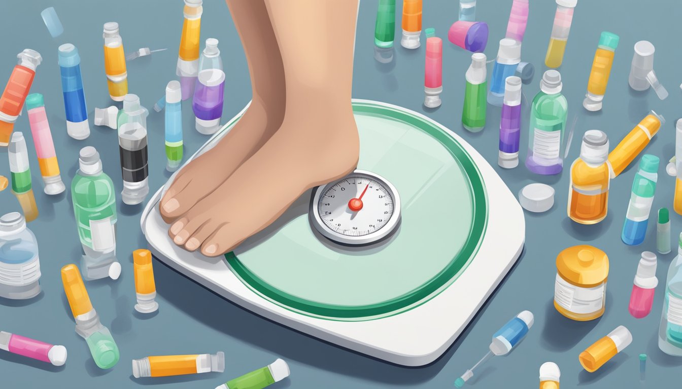 A person stepping on a scale, surrounded by empty syringes and a bottle of weight loss injections