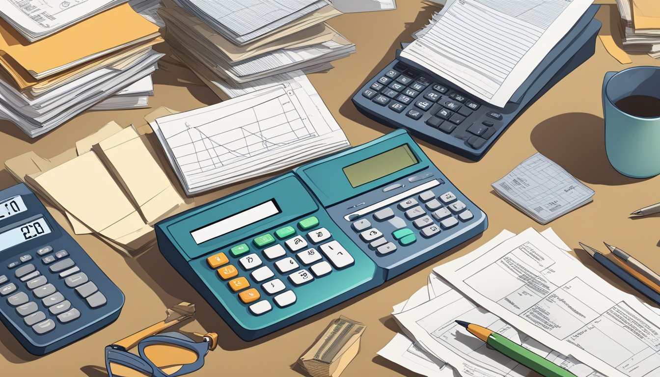 A desk cluttered with financial documents and a calculator, with a scale in the background