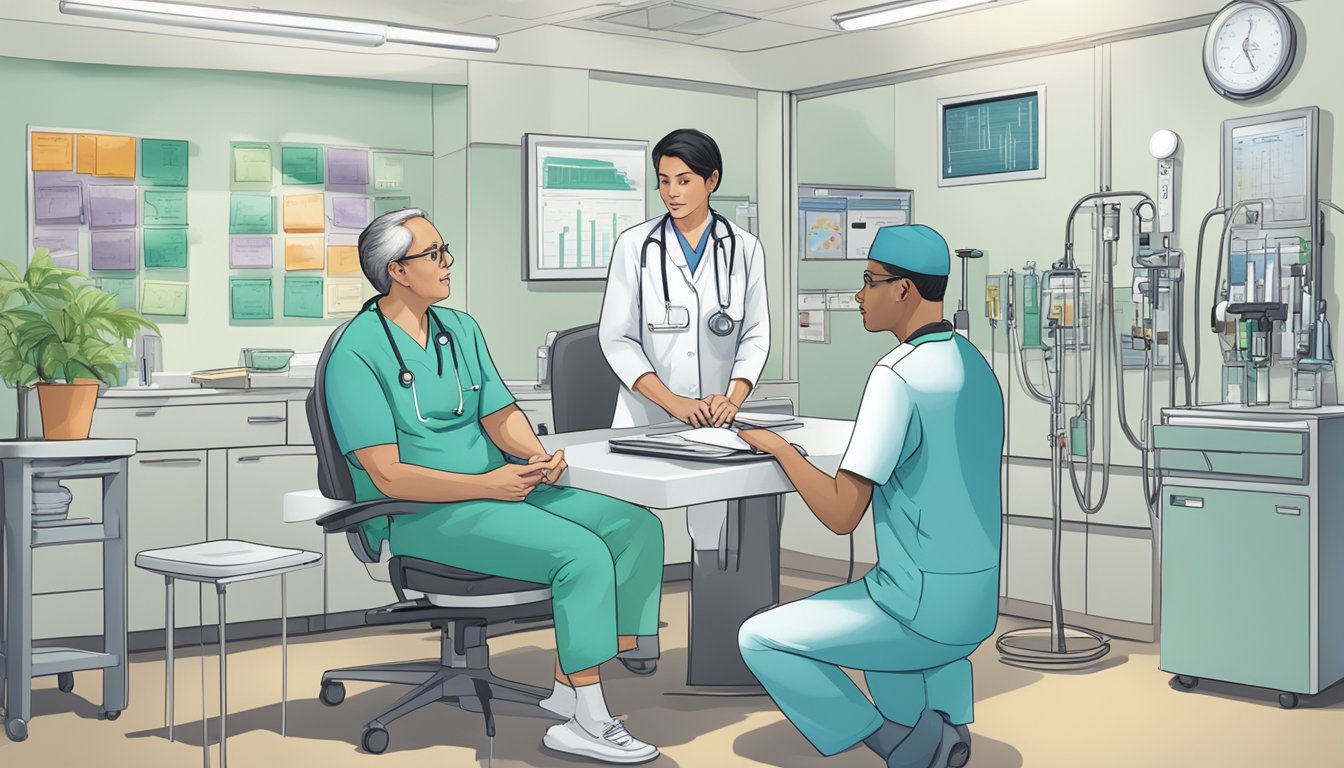 A healthcare professional discussing long-term sustainability with a patient, surrounded by medical equipment and charts