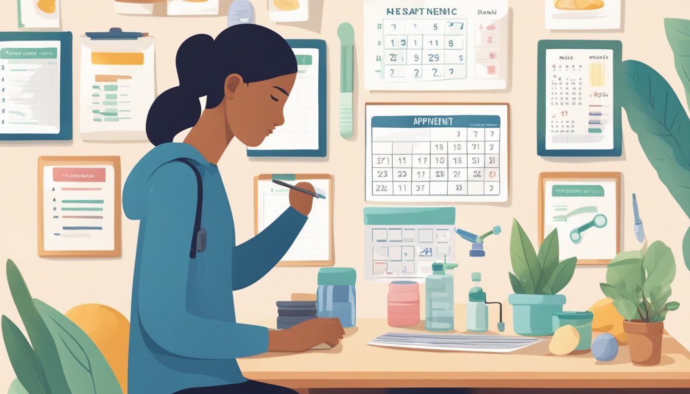 A person's daily routine includes exercise, healthy eating, and self-care. A calendar on the wall shows regular injection appointments