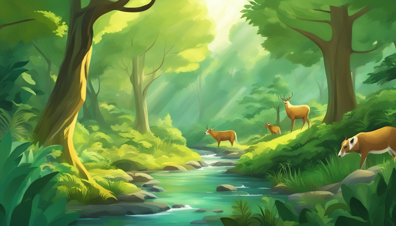 A lush green forest with a clear stream running through it, sunlight filtering through the trees, and various animals going about their daily activities