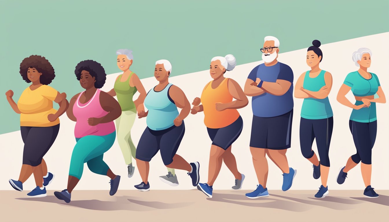 A diverse group of people of different ages and body types, engaged in various physical activities such as jogging, yoga, and weightlifting, with a common focus on healthy living and weight loss