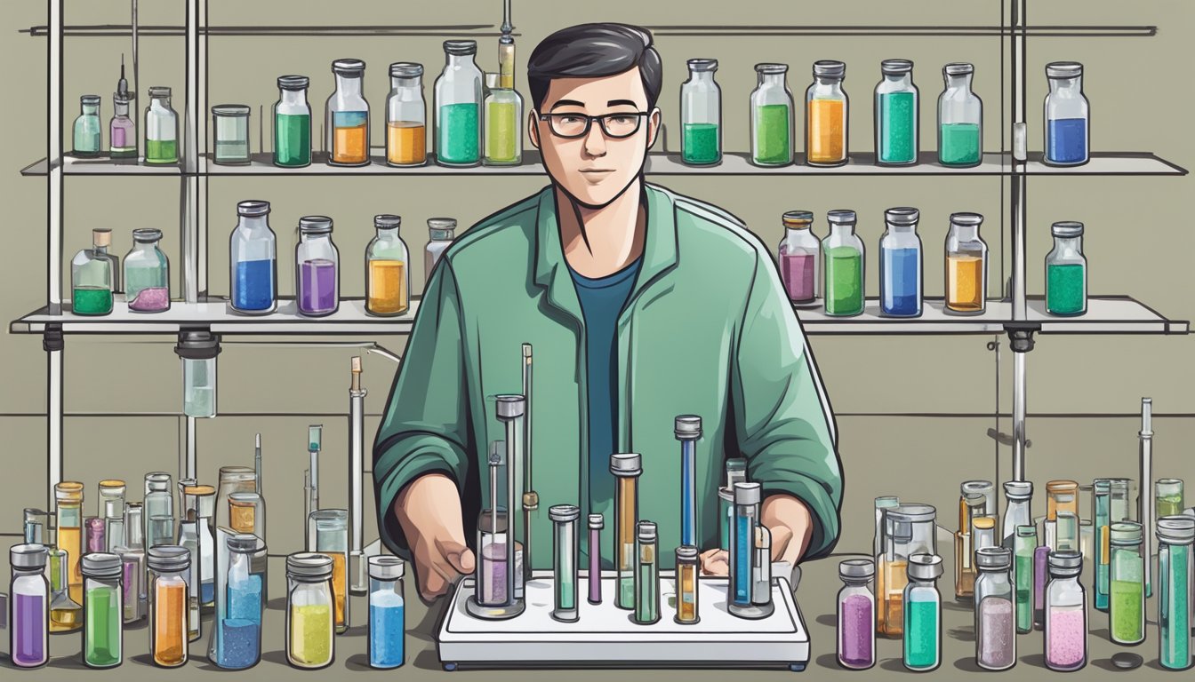 A person standing on a scale, surrounded by empty syringes and vials, with a sense of accomplishment and relief on their face