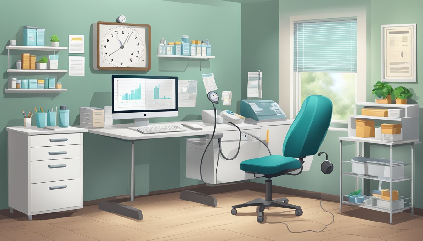 A doctor's office with a desk, computer, and medical equipment. A poster on the wall depicts the process of appetite suppression in weight loss treatments