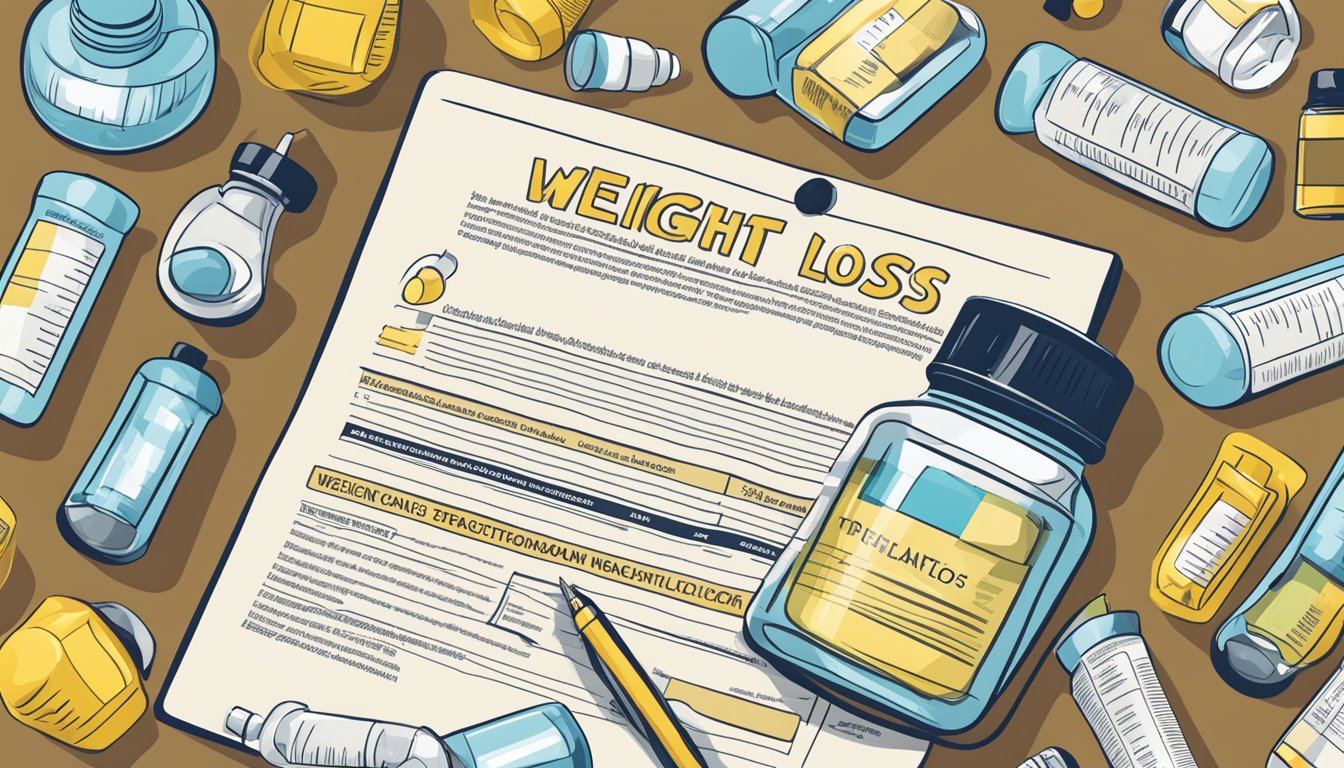 A vial of weight loss medication surrounded by caution signs and a list of potential side effects