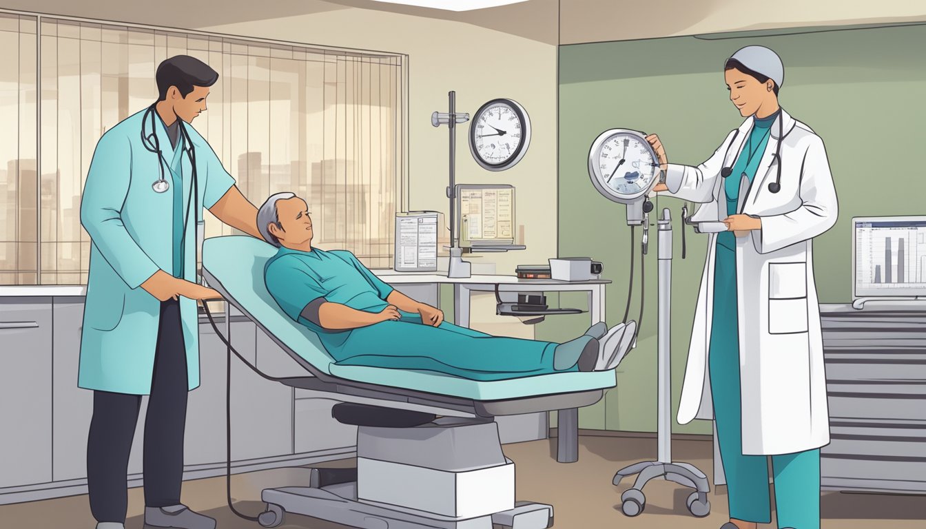 A doctor administering an injectable weight loss treatment to a patient in a clinical setting, with charts and medical equipment in the background