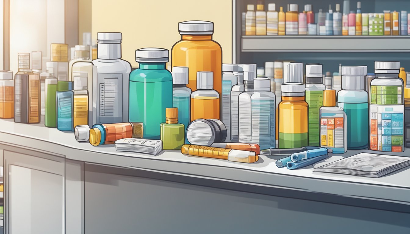 A pharmacy counter with various weight loss injections displayed alongside bottles of medication and lifestyle magazines