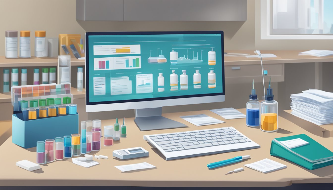 A doctor's office with various vials and syringes on a clean, organized desk, alongside a computer screen displaying drug interaction information