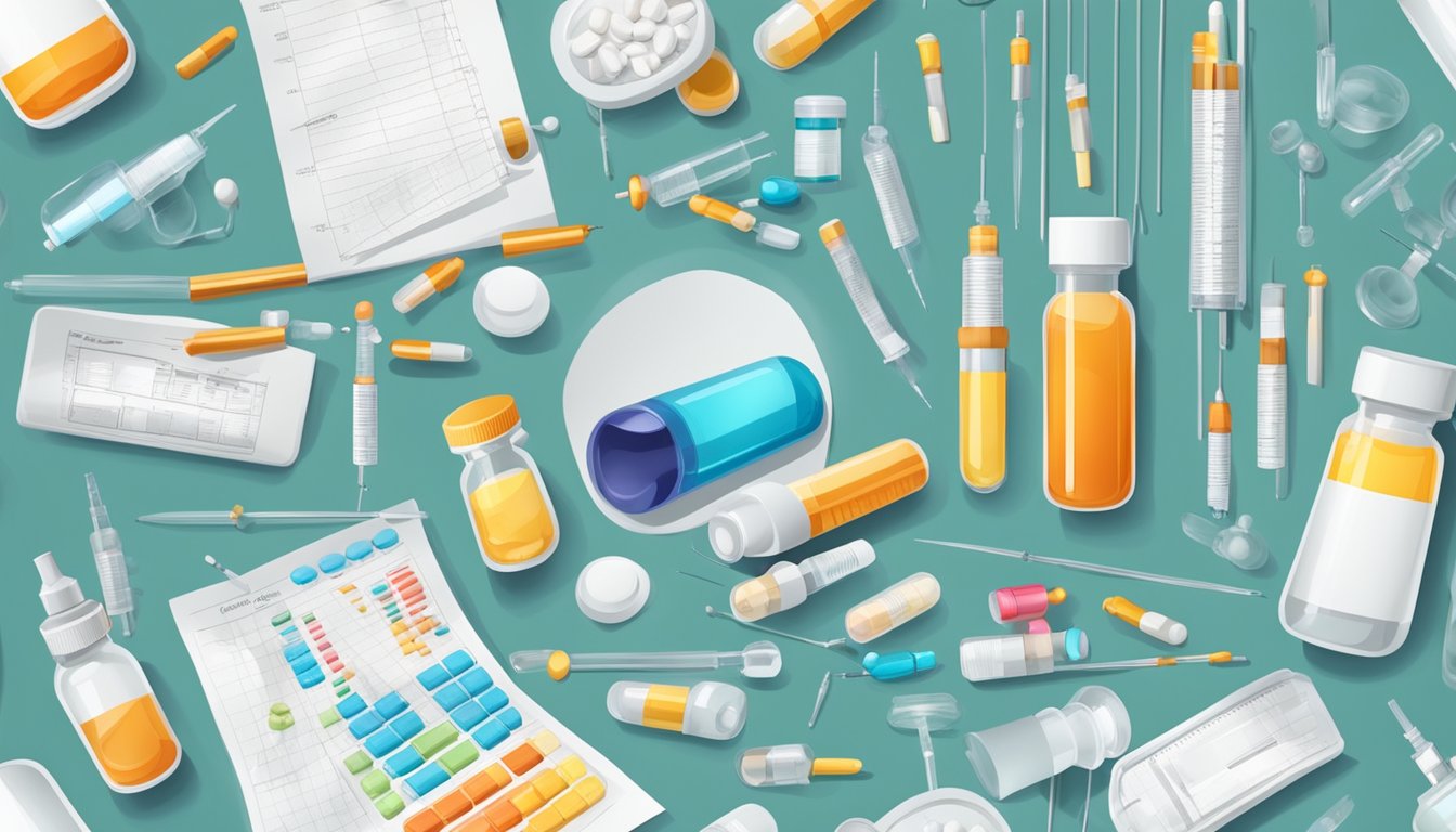 A table with various pills and syringes, surrounded by medical equipment and charts