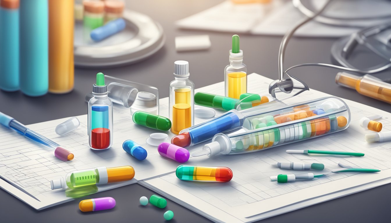 A table with various pills and injection vials, surrounded by medical equipment and research papers