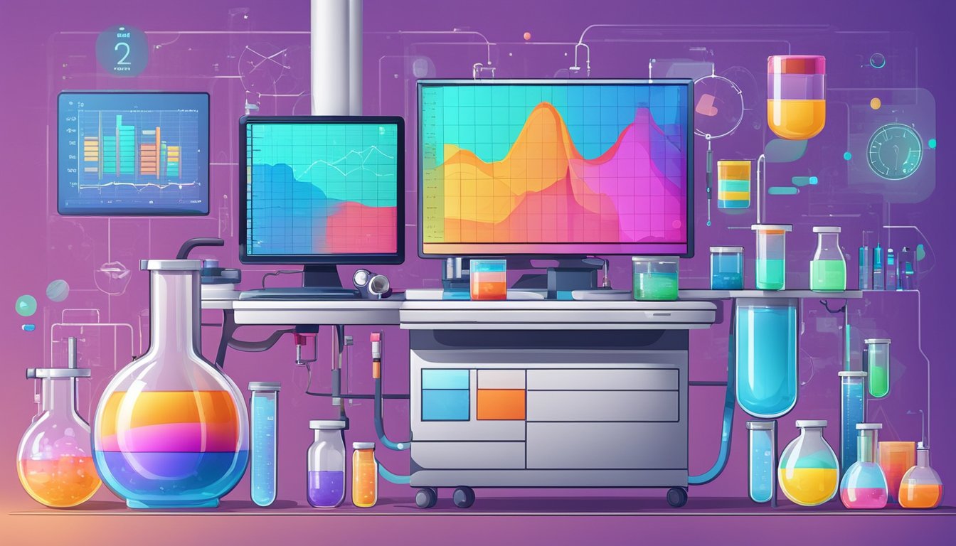 A futuristic laboratory with advanced equipment and vials of colorful liquids, surrounded by charts and graphs displaying weight loss data