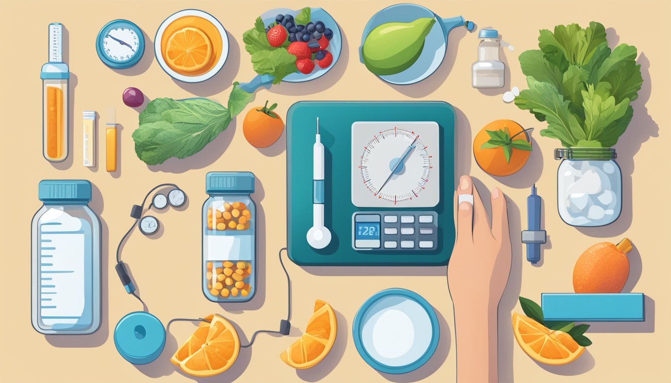 A person's hand holding a pill bottle and a syringe, surrounded by healthy food, exercise equipment, and a scale