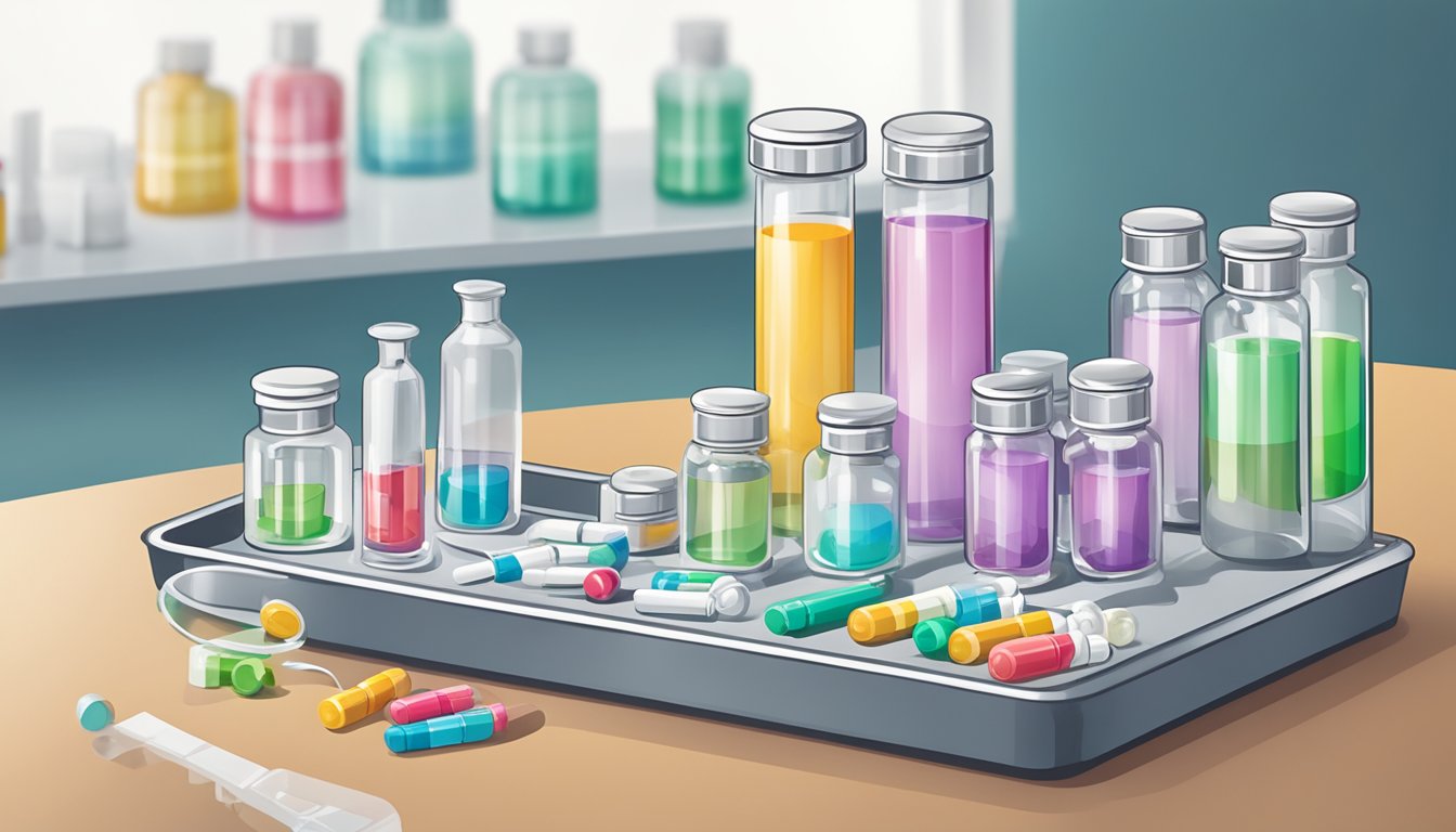 A table with various oral weight loss medication bottles next to a tray of injection vials, with a price tag and accessibility symbol displayed nearby