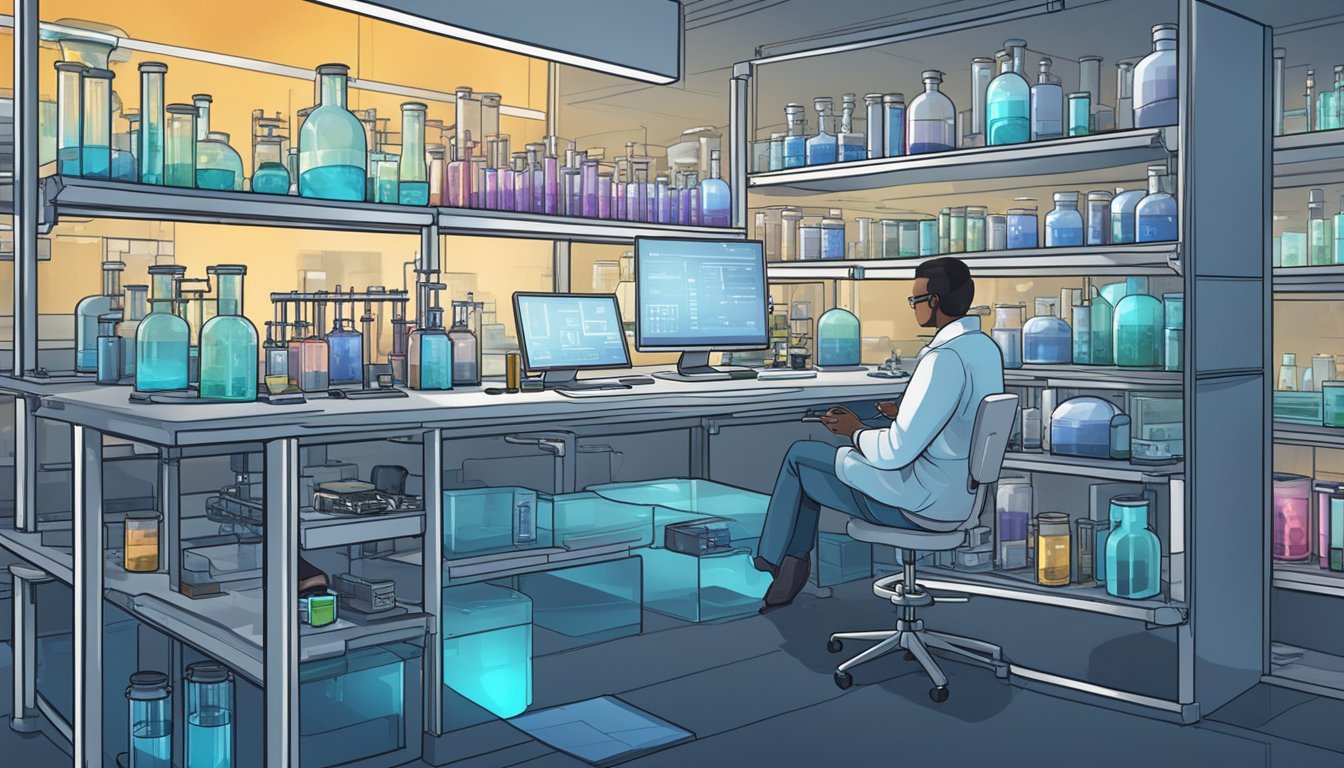 A laboratory setting with shelves of vials and syringes, a researcher analyzing data on a computer, and futuristic equipment hinting at advanced technology