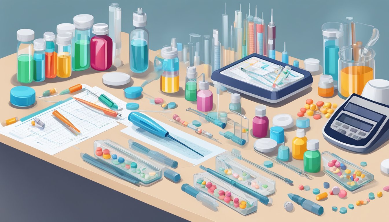 A table with various pills and syringes, surrounded by scientific equipment and charts, representing the comparison of oral weight loss medications to injections