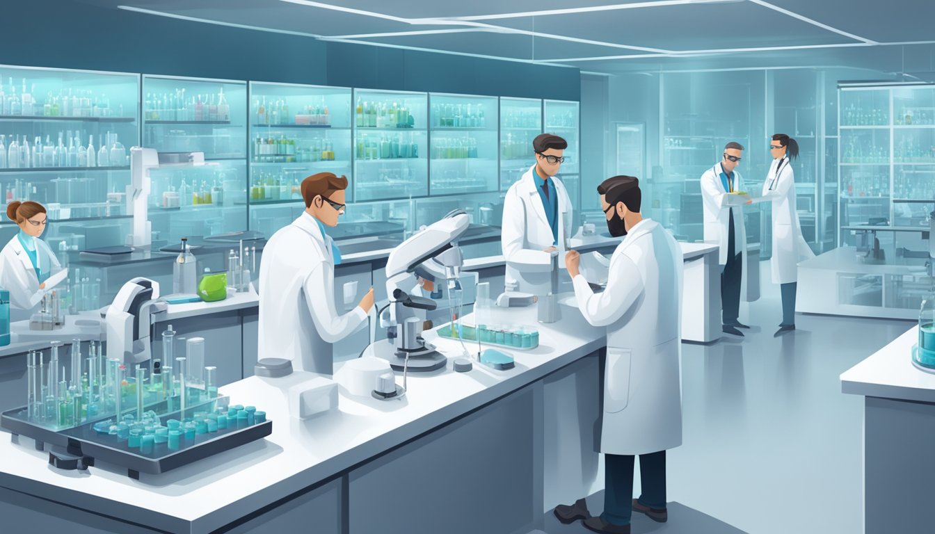 A futuristic laboratory with advanced equipment and vials of weight loss injections, surrounded by scientists in white lab coats conducting research and experiments