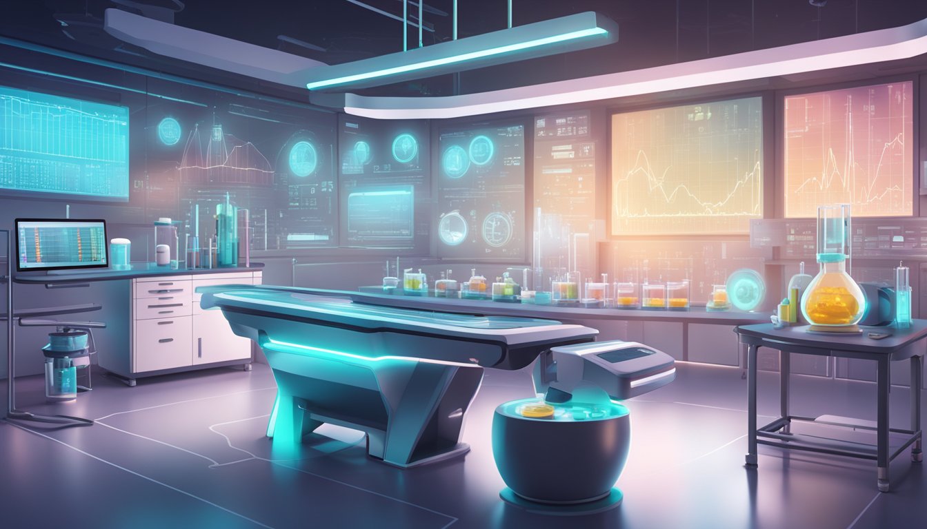 A futuristic laboratory with sleek machinery and vials of glowing liquid, surrounded by charts and graphs displaying weight loss data