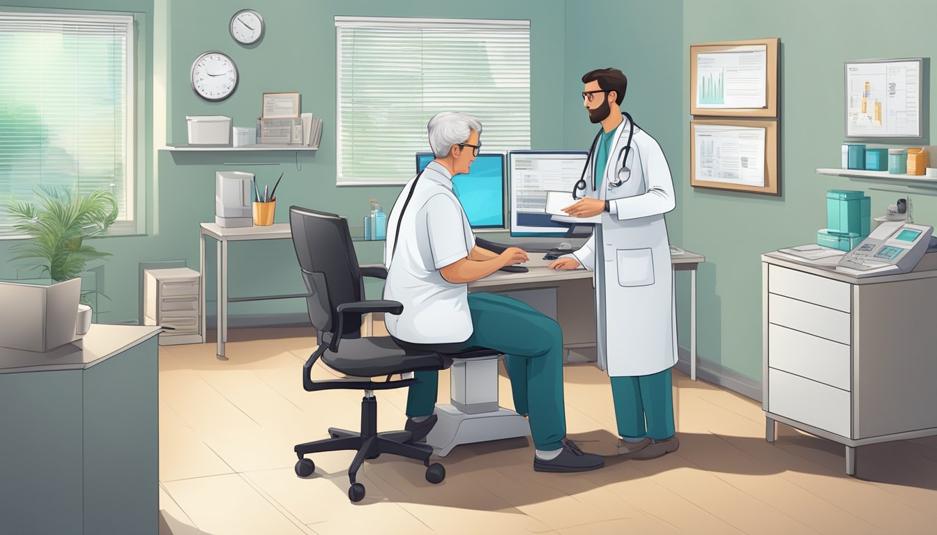 A doctor's office with a desk, computer, and medical equipment. A patient discussing insurance coverage for weight loss injections with the doctor