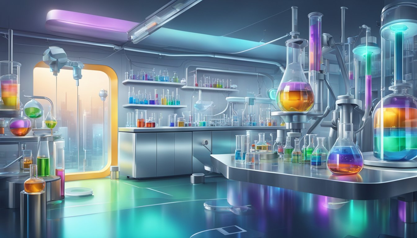 A futuristic laboratory with advanced equipment and vials of colorful liquid, surrounded by cutting-edge technology and scientific instruments