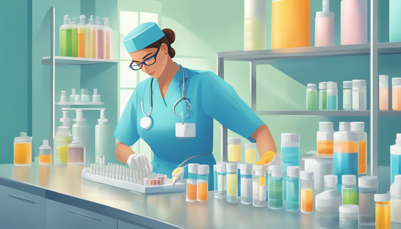 A nurse setting up a syringe and vial on a clean, organized medical tray in a bright, sterile room