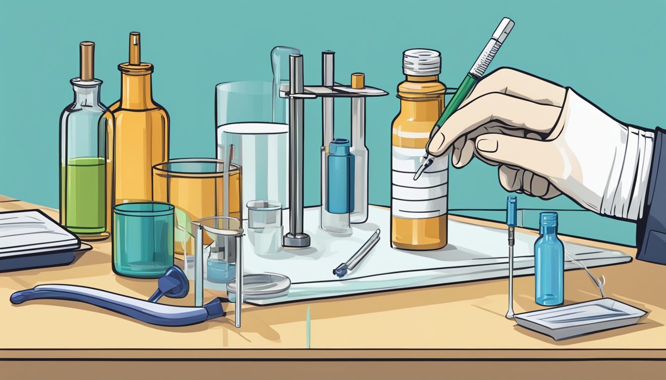 A table with a vial, syringe, and alcohol swab. A medical professional's gloved hand is reaching for the syringe